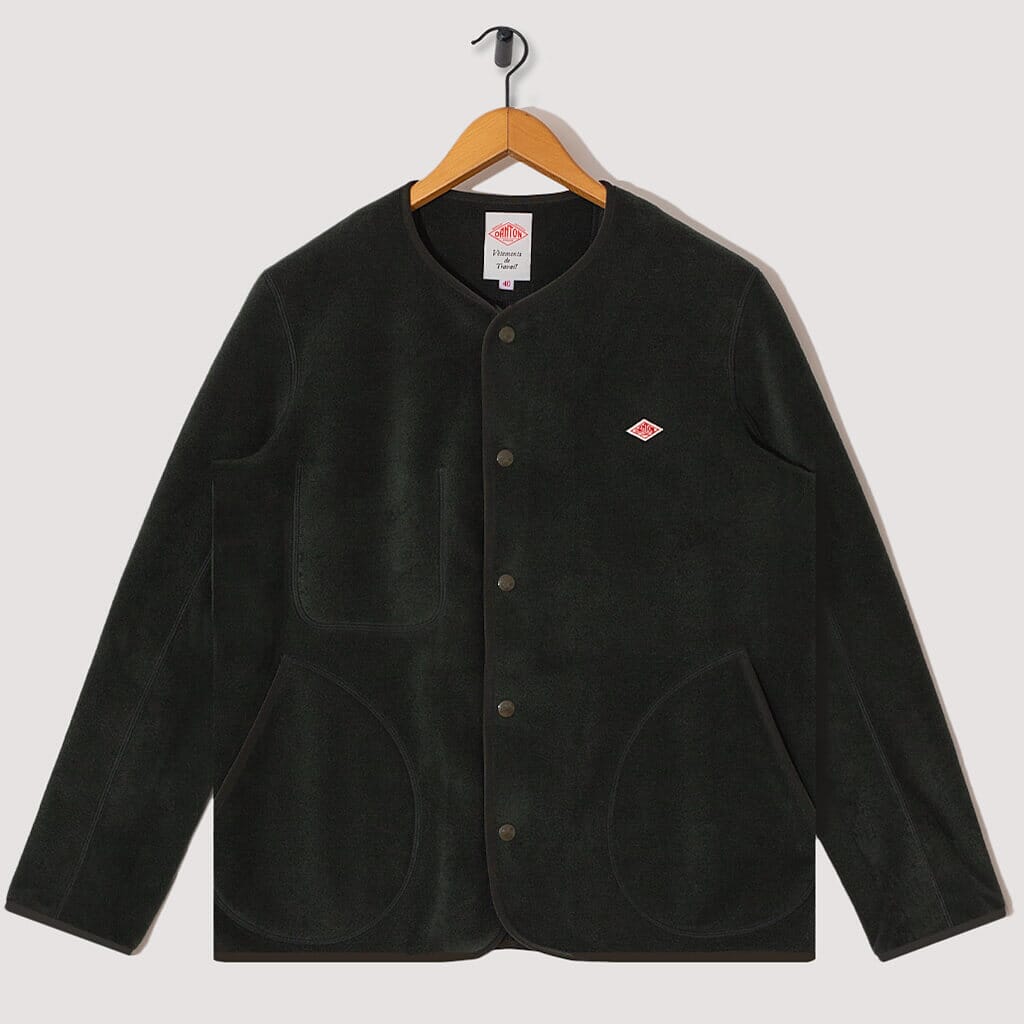 Fleece Collarless Jacket - Dark Green