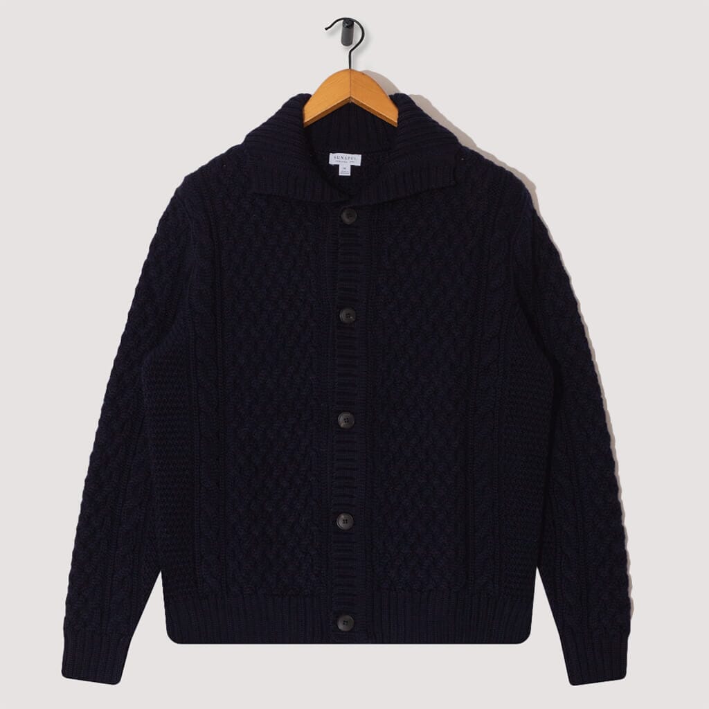 Cable Knit Jacket - Navy | Sunspel | Peggs & Son.