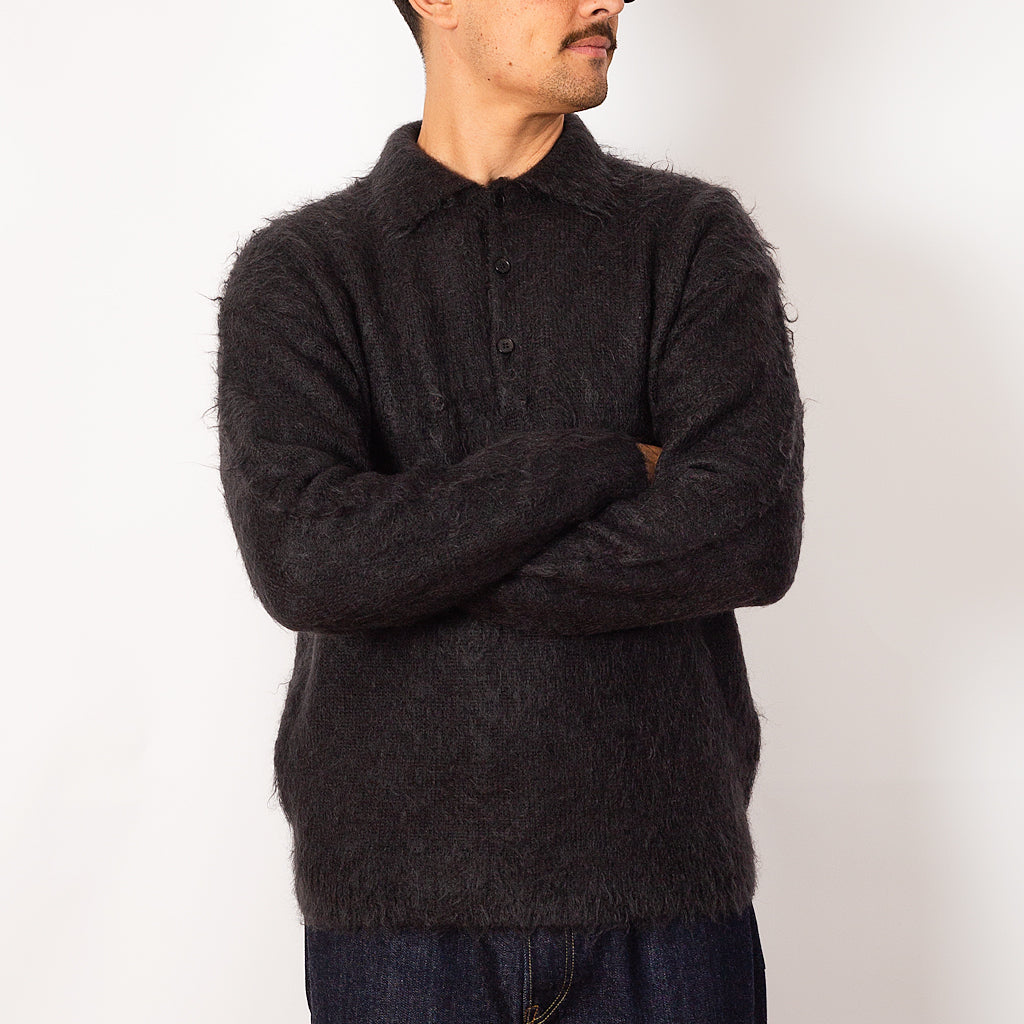 Brushed Super Kid Knit Polo - Ink Black Mohair