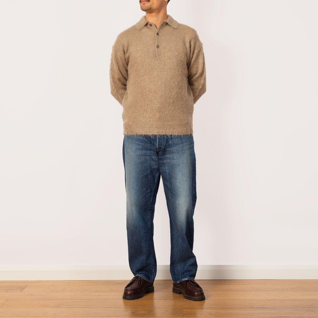 Brushed Super Kid Knit Polo - Grey/Beige Mohair