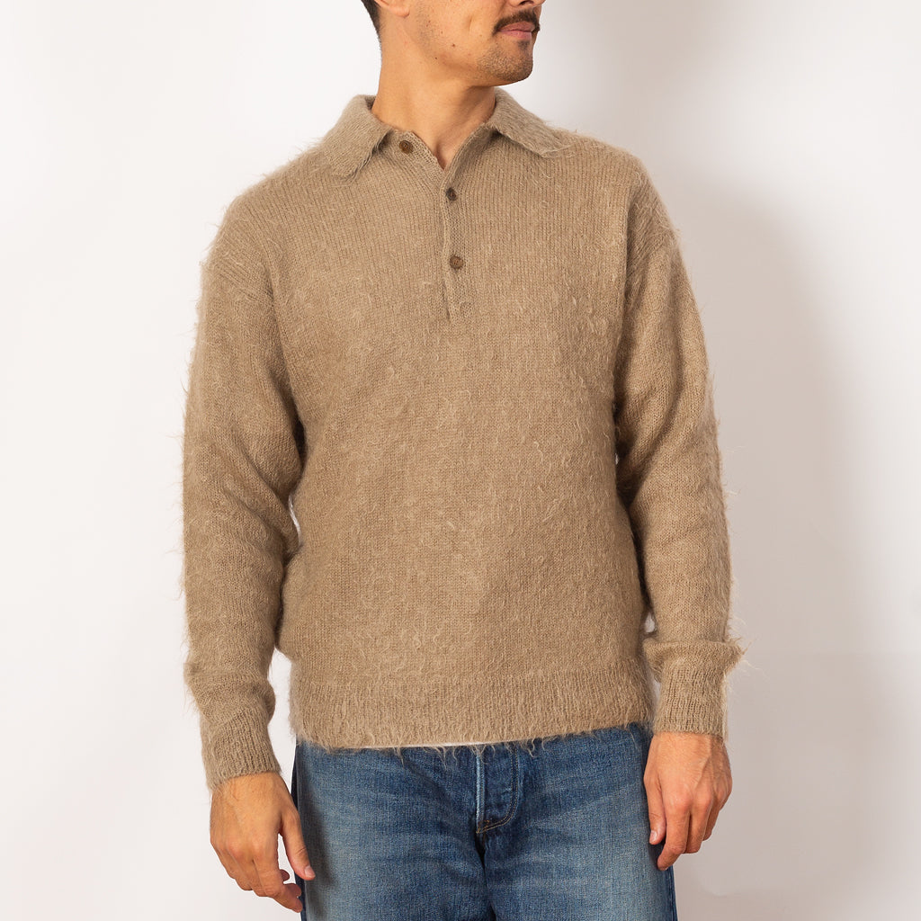 Brushed Super Kid Knit Polo - Grey/Beige Mohair