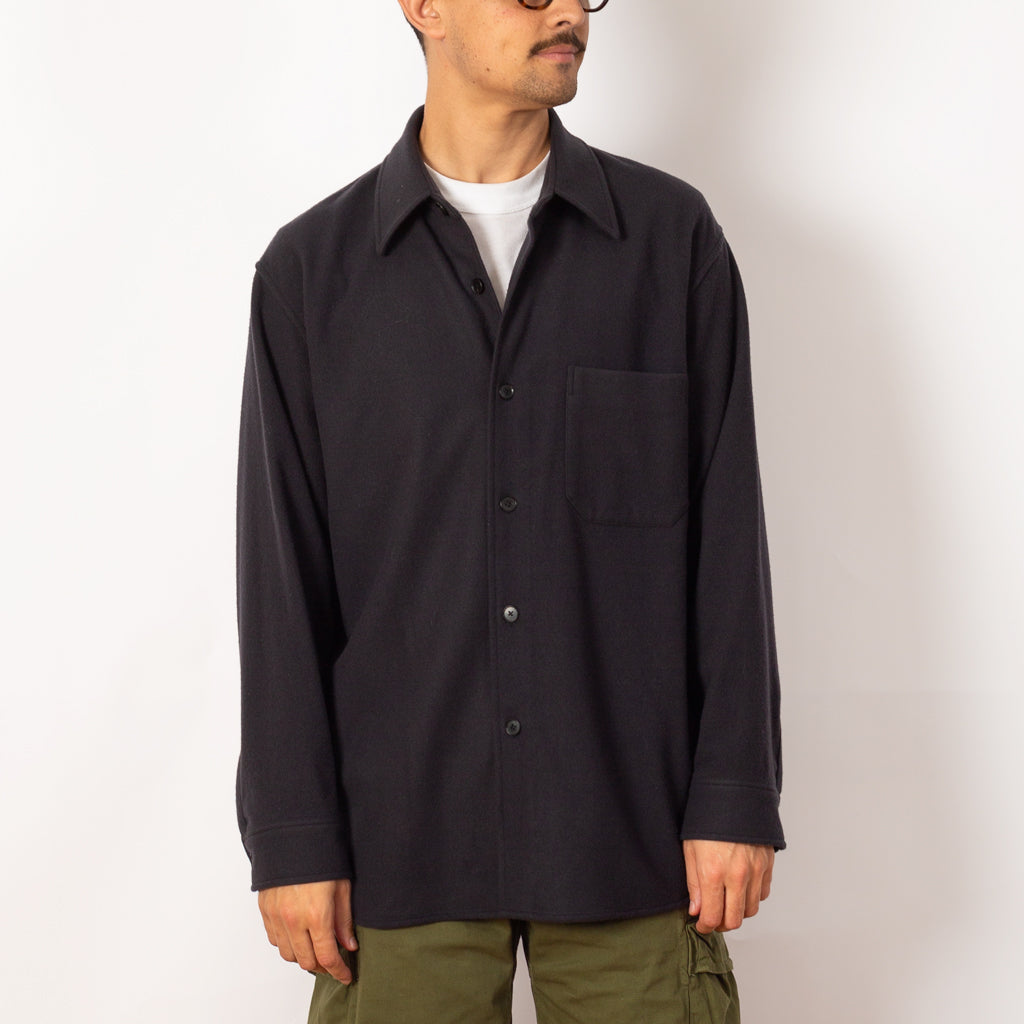 Brushed Fine Wool Flannel Shirt - Ink Black