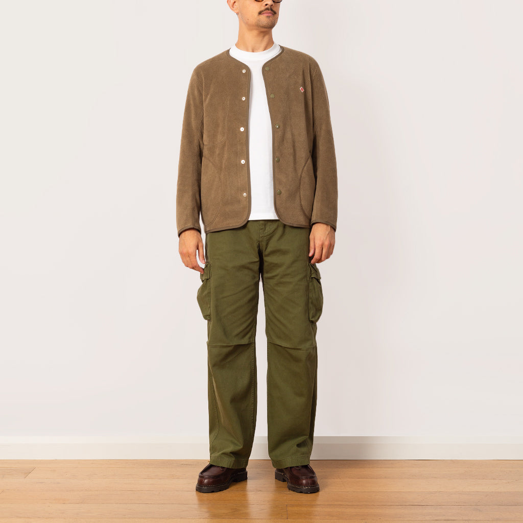 Fleece Collarless Jacket - Khaki