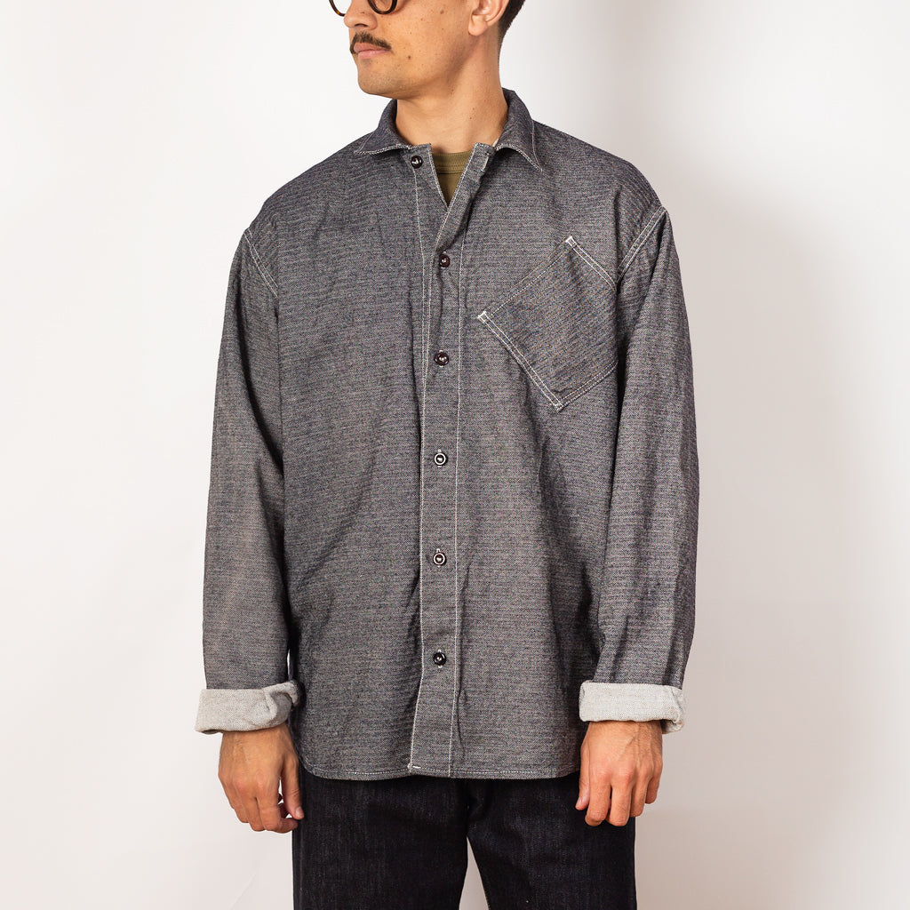 Argyle Chest Pocket Shirt - Barge Blue Wool Cotton Herringbone