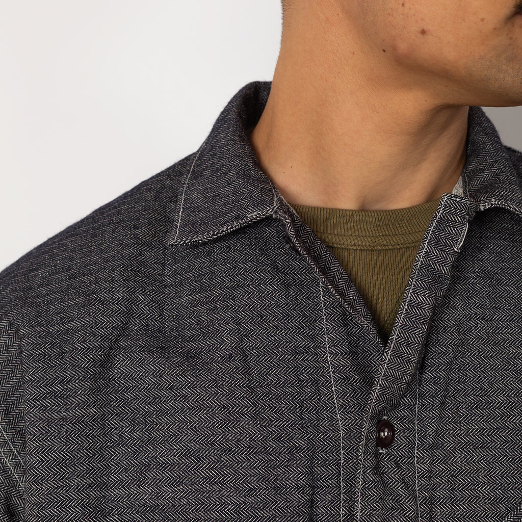 Argyle Chest Pocket Shirt - Barge Blue Wool Cotton Herringbone