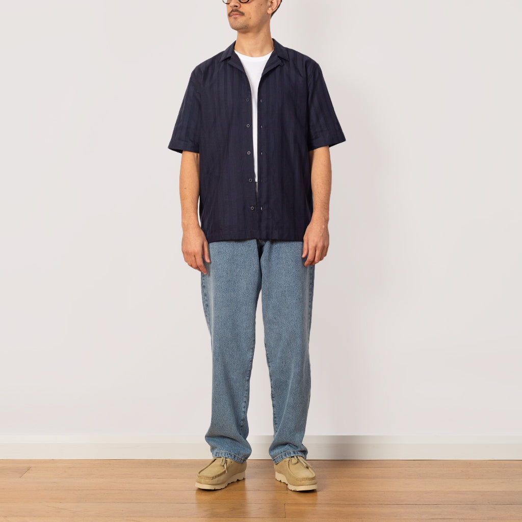 S/S Embroidered Stripe Shirt - Navy