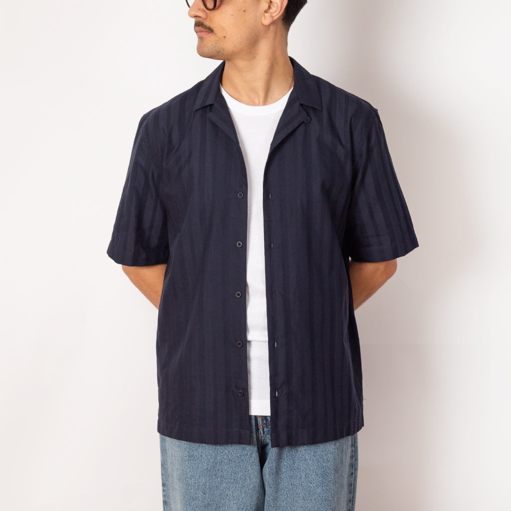 S/S Embroidered Stripe Shirt - Navy