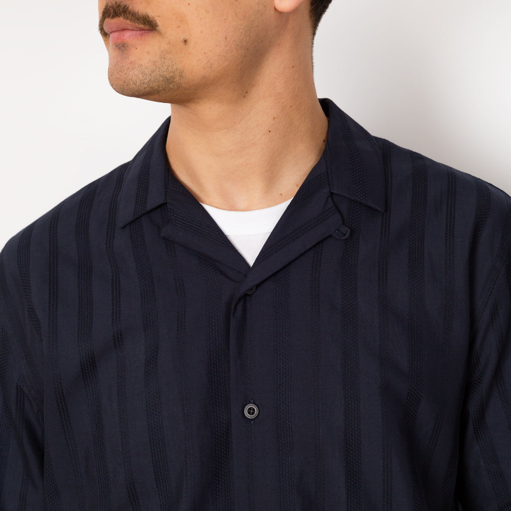 S/S Embroidered Stripe Shirt - Navy