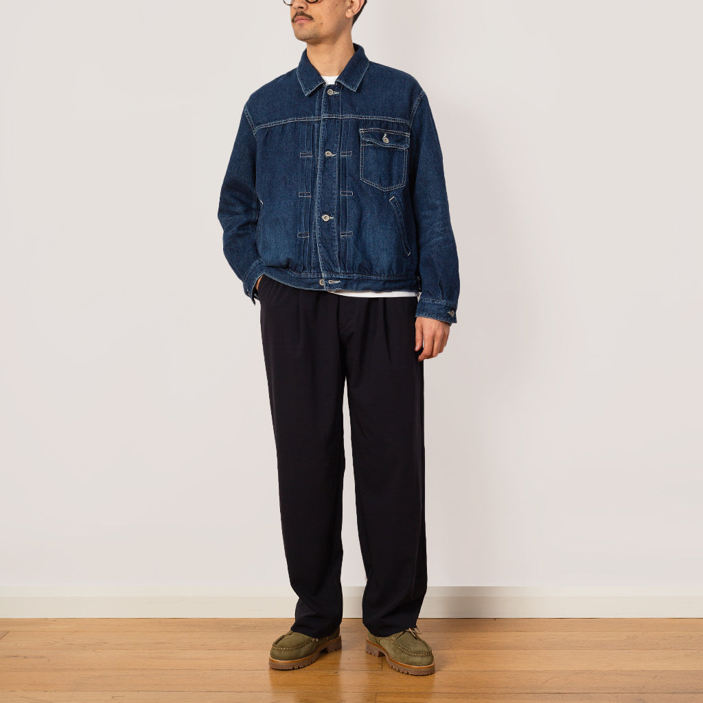 Single Pleated Wide Pants - Navy