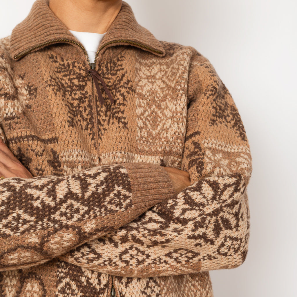 Double Jacquard Zip Cardigan - Brown Patchwork