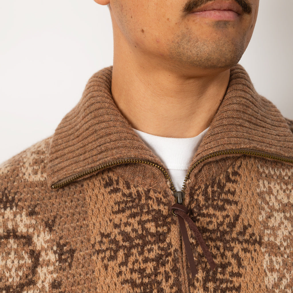 Double Jacquard Zip Cardigan - Brown Patchwork