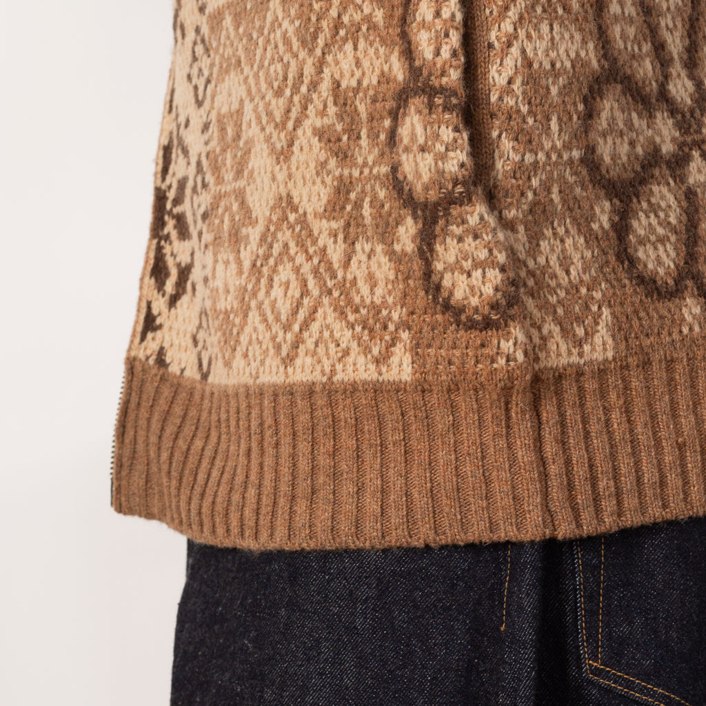 Double Jacquard Zip Cardigan - Brown Patchwork