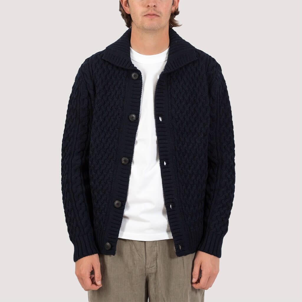 Cable Knit Jacket - Navy | Sunspel | Peggs & Son.